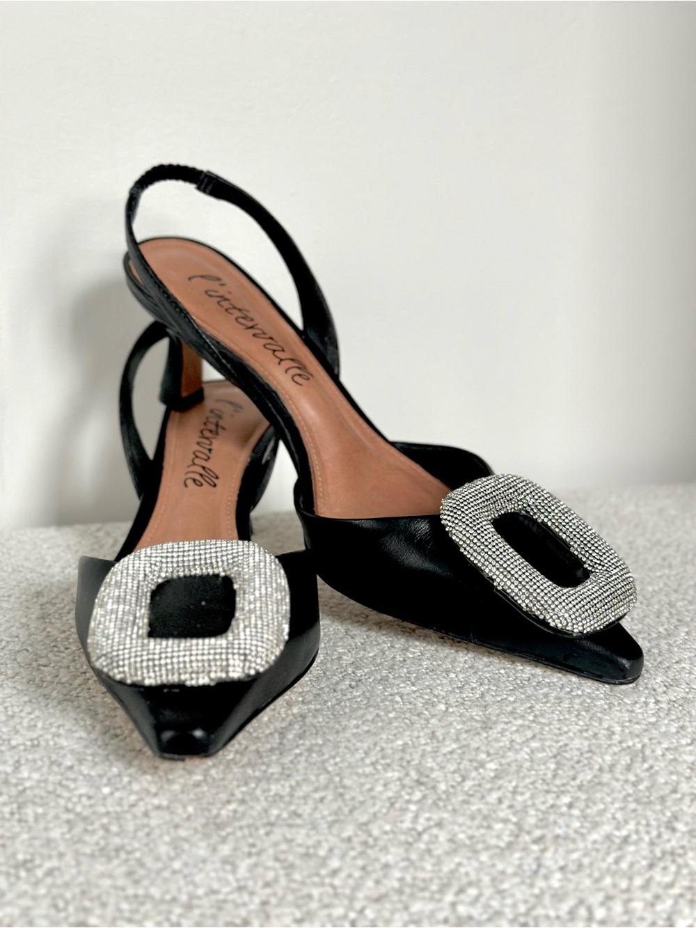 L’intervalle Women’s Black Slingback Pointed-Toe Heels with Crystal Buckle - Picture 5 of 12